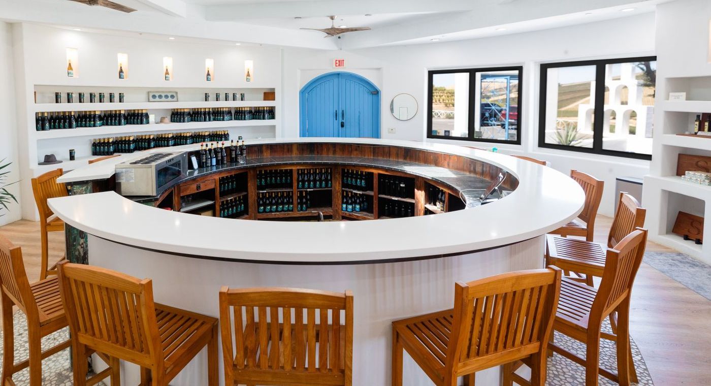 circular wine tasting bar with seating